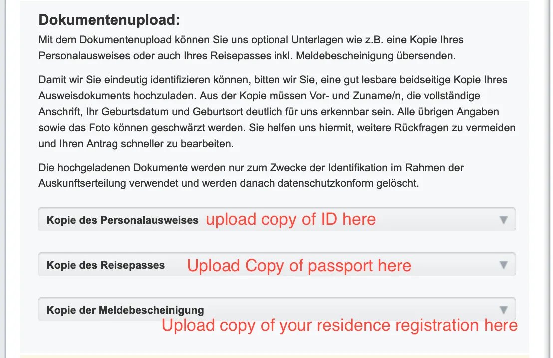 how to upload documents for free schufa copy in Germany