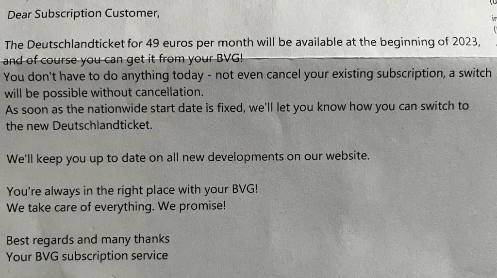 BVG letter to inform customers about deutschlandticket